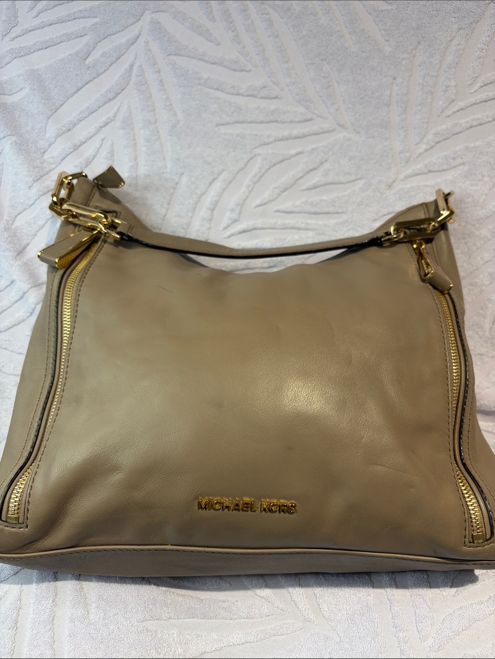Michael Kors Taupe Leather Shoulder Bag with Gold Hardware